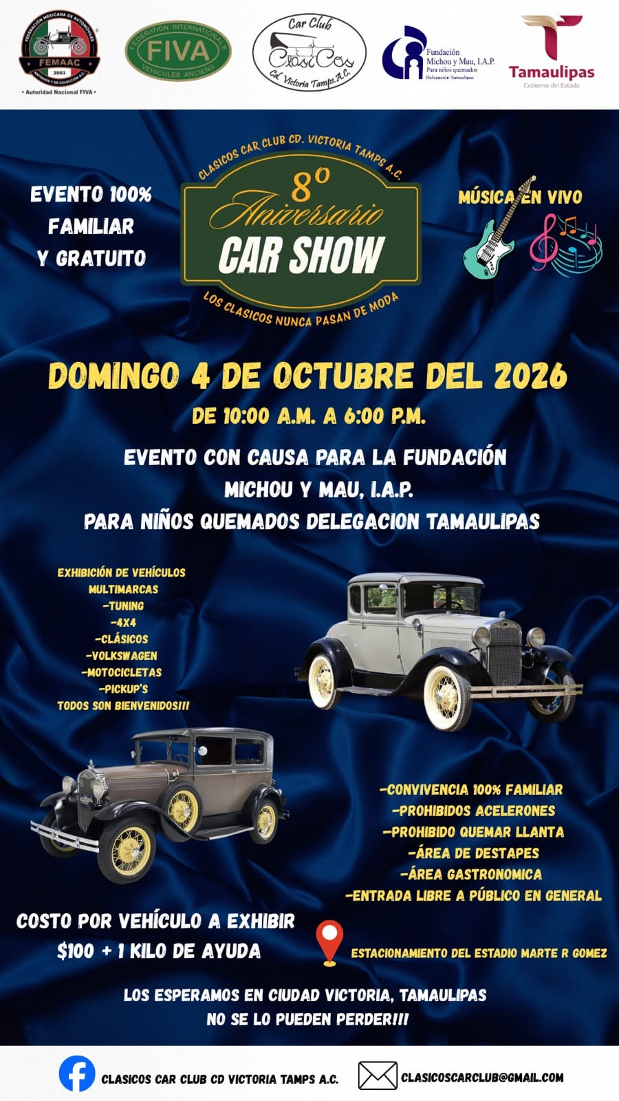 Cartel del 8º Aniversario Car Show en Ciudad Victoria.